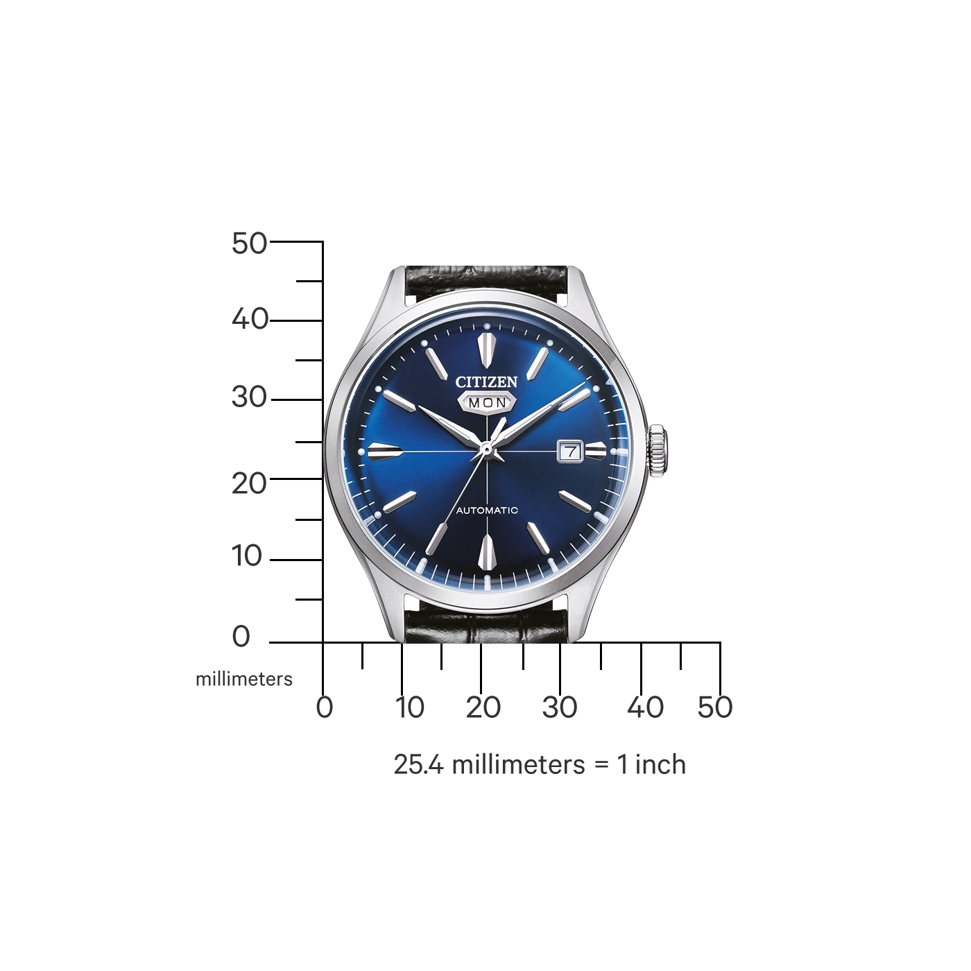 Citizen-Uhr mit blauem Zifferblatt und Millimeterskala