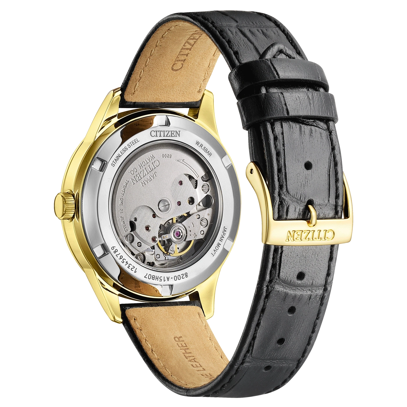 Montre Citizen automatique avec fond transparent et bracelet en cuir noir.
