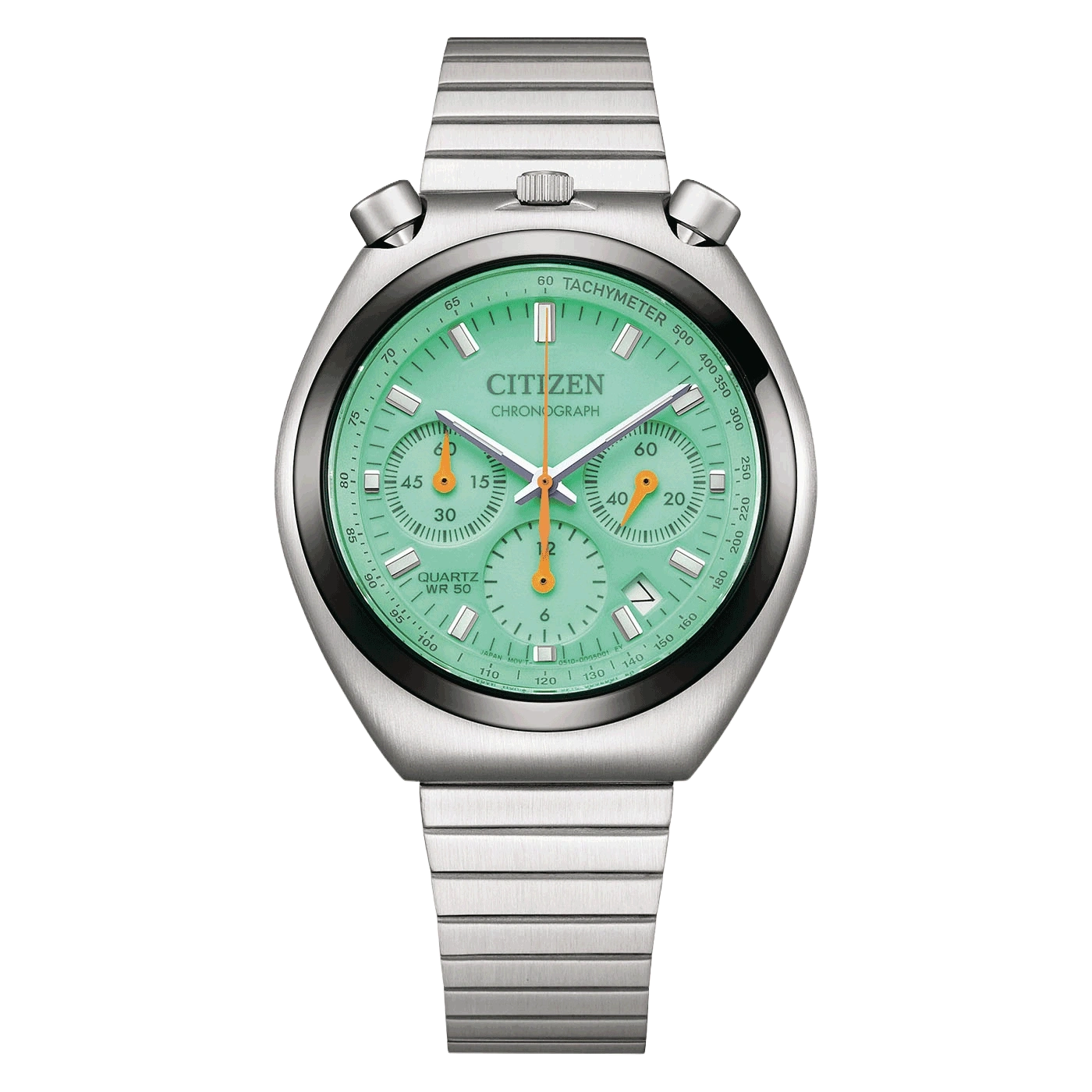 Eine grüne Citizen Chronograph Uhr mit Edelstahlarmband.
