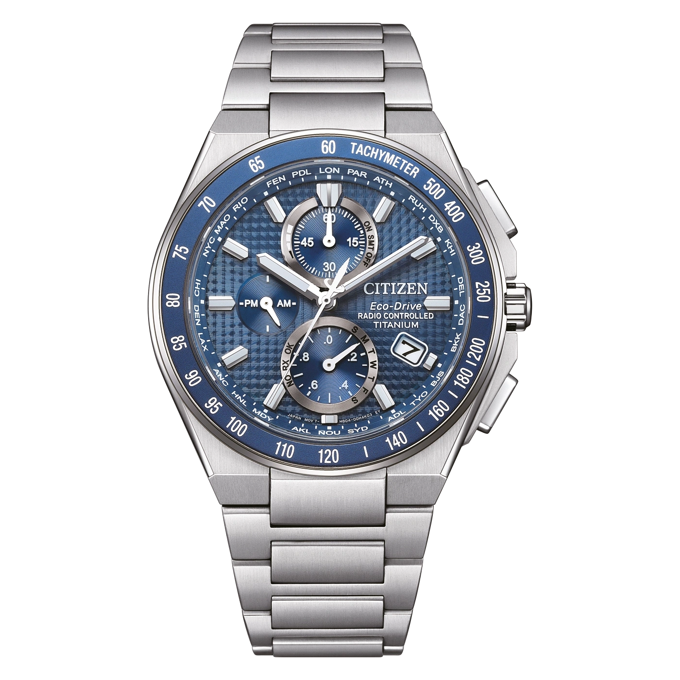 Eine blaue Citizen Herrenuhr mit Silberarmband und komplexem Zifferblatt.