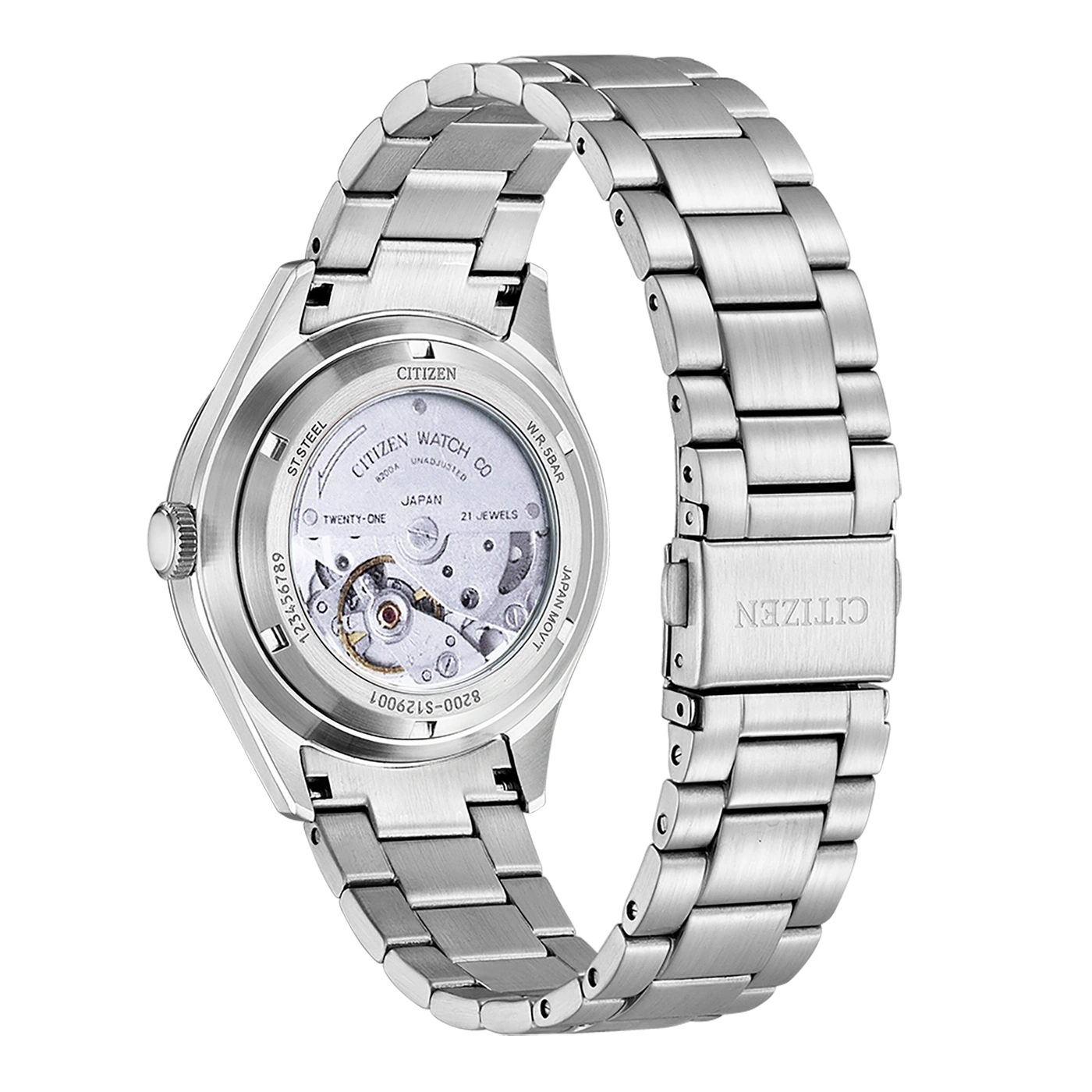 Le dos d'une montre Citizen en acier inoxydable avec un mouvement visible.