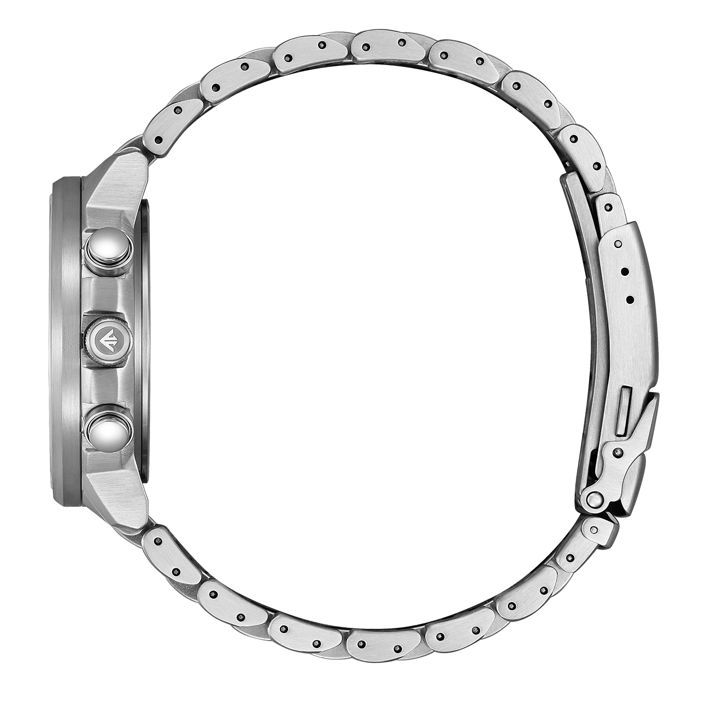 Nahaufnahme einer silbernen Metallarmbanduhr auf schwarzem Hintergrund.