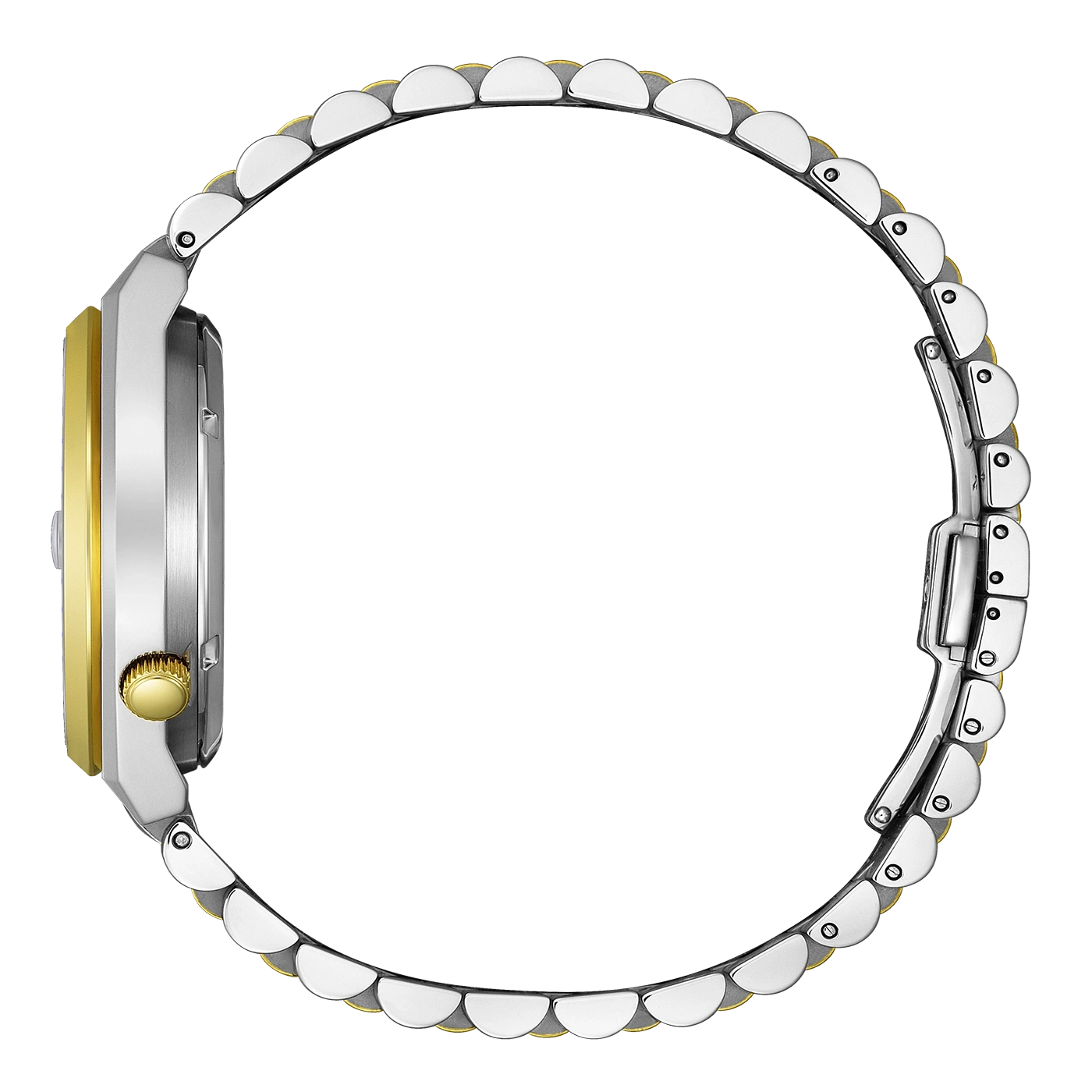 Nahaufnahme der Seite einer silbernen und goldenen Armbanduhr.