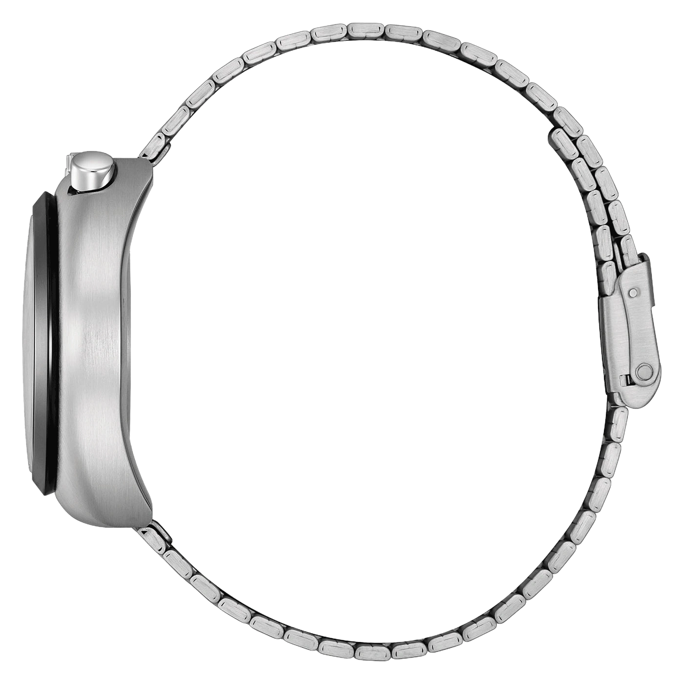 Nahaufnahme einer Edelstahluhr mit Gliederarmband von der Seite