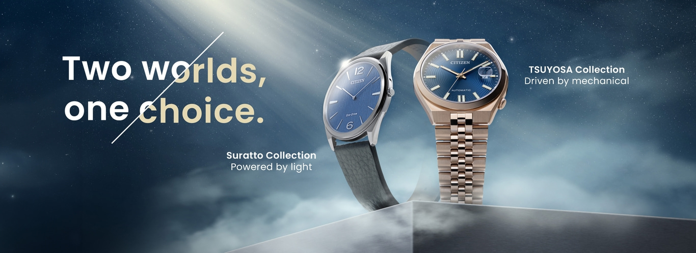Publicité des montres Citizen : Deux mondes, un choix. Collections Suratto et Tsuyosa.