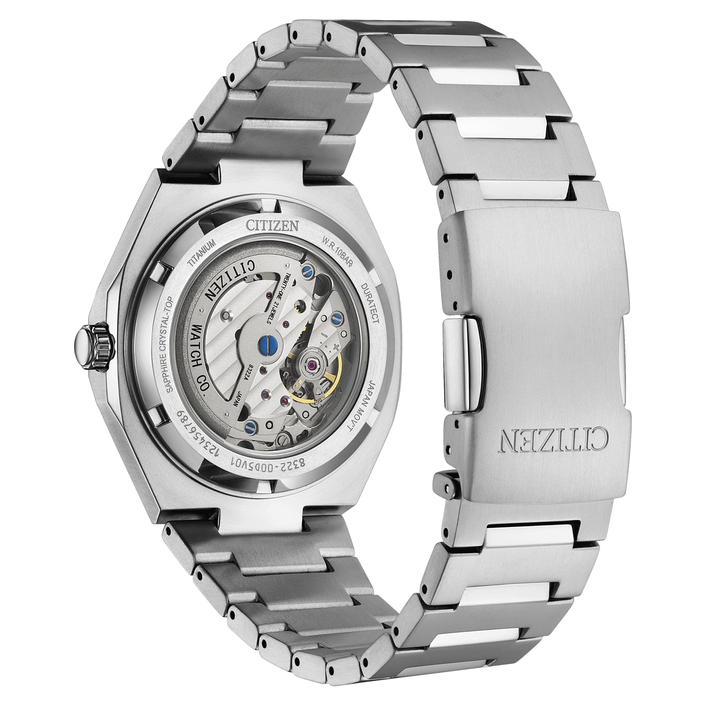 Vue arrière d'une montre-bracelet en titane Citizen avec mouvement apparent.