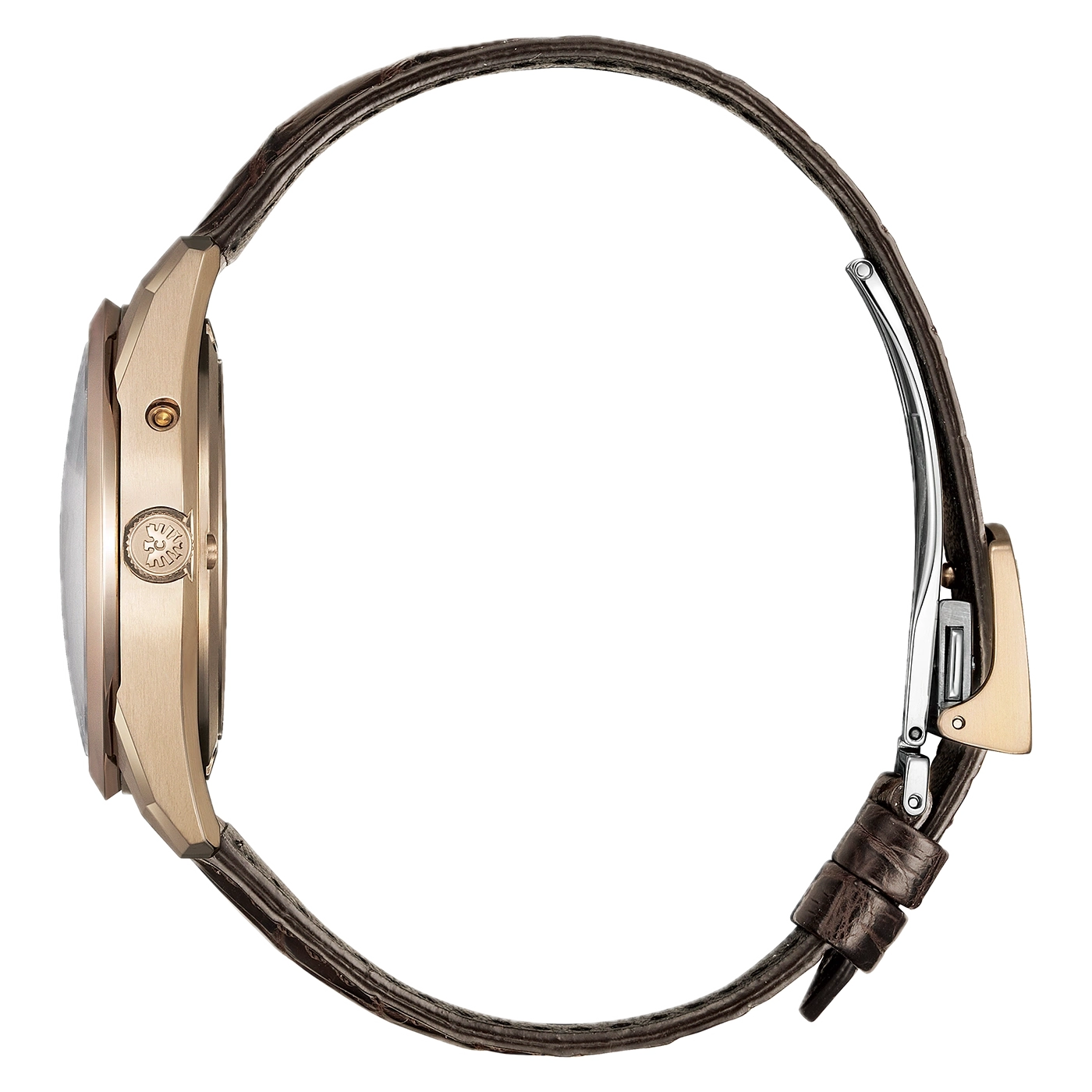 Nahaufnahme einer Armbanduhr aus braunem Leder auf schwarzem Hintergrund.