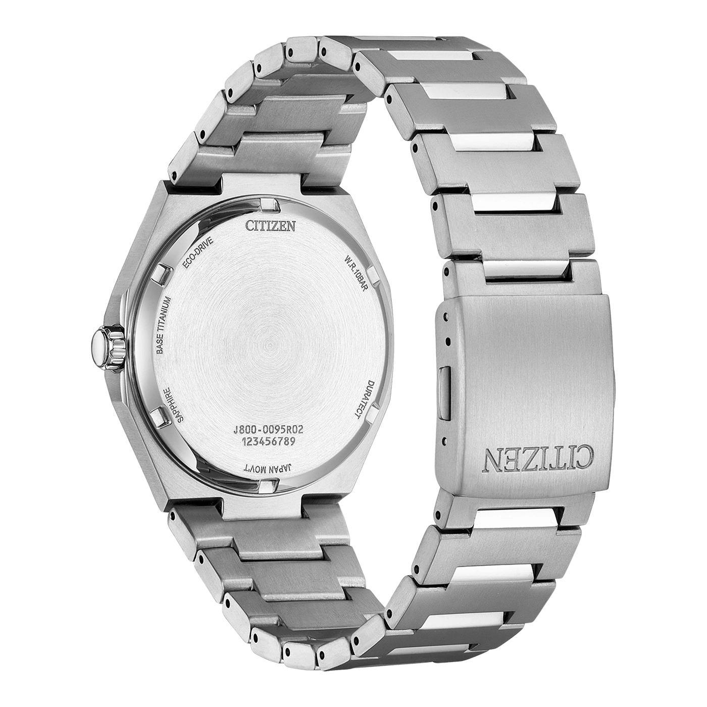 Rückseite einer Citizen-Uhr aus Metall mit detaillierten Beschriftungen.