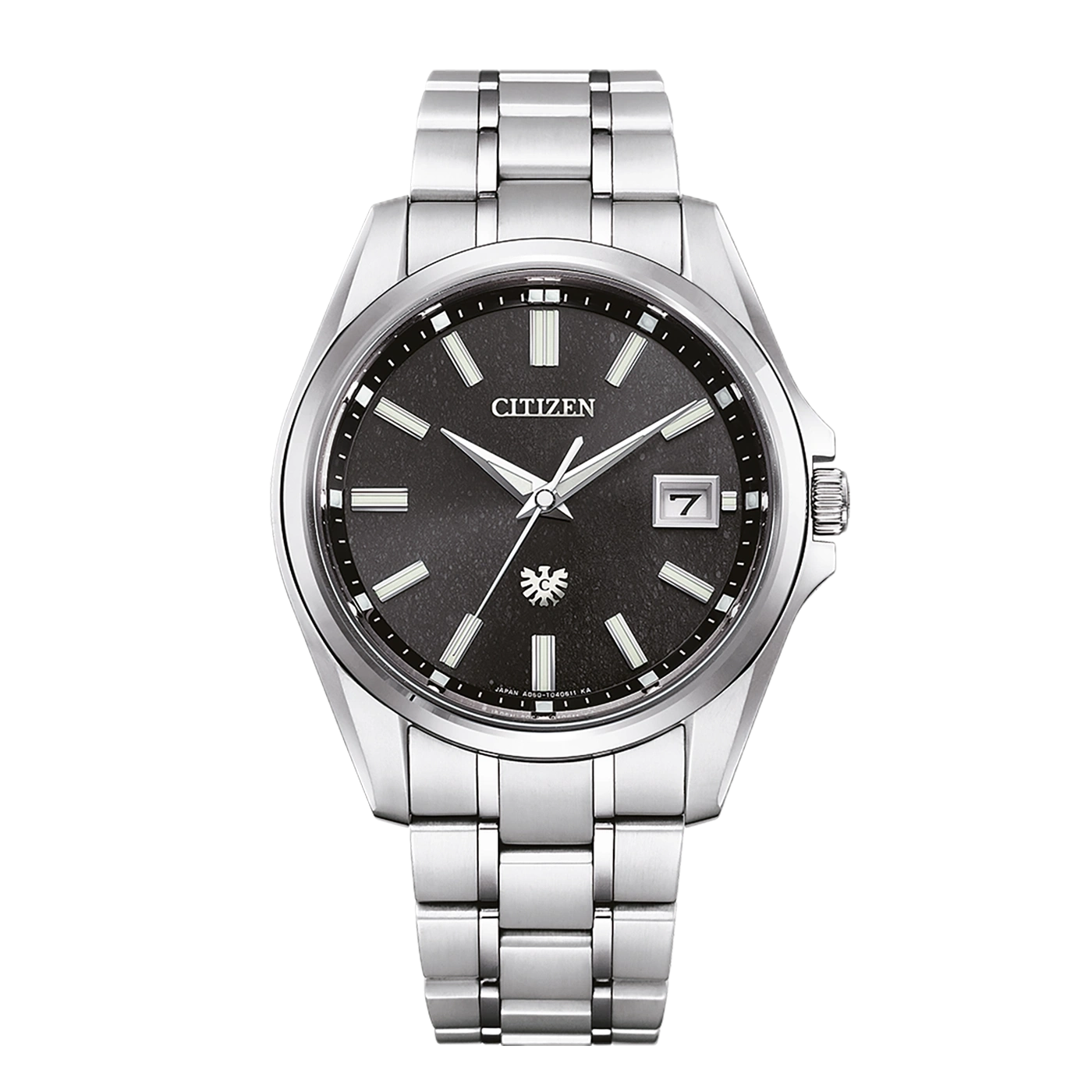 Silberne Citizen-Uhr mit schwarzem Zifferblatt und Metallarmband