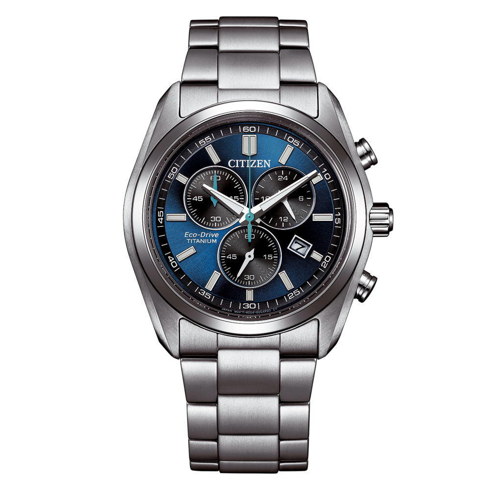 Une montre Citizen Eco-Drive métallique avec un cadran bleu.