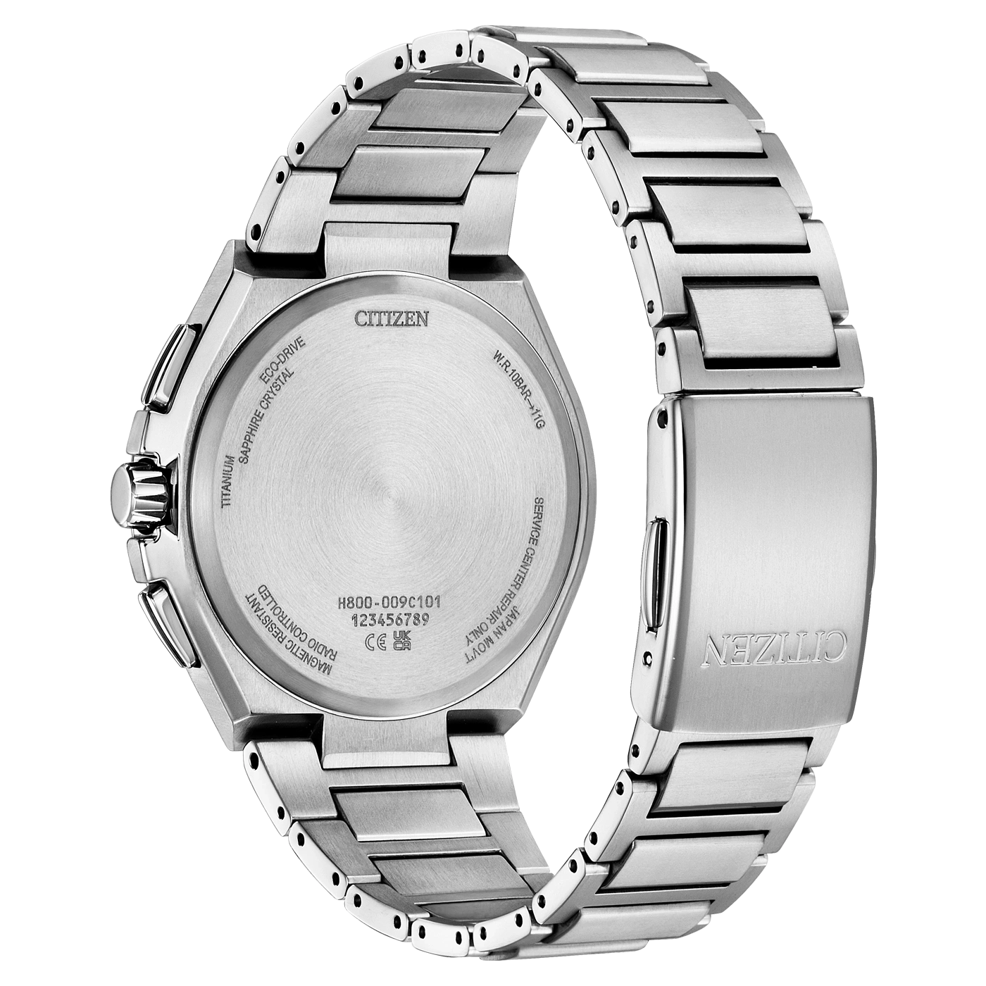 Dos d'une montre Citizen en titane avec bracelet en métal.
