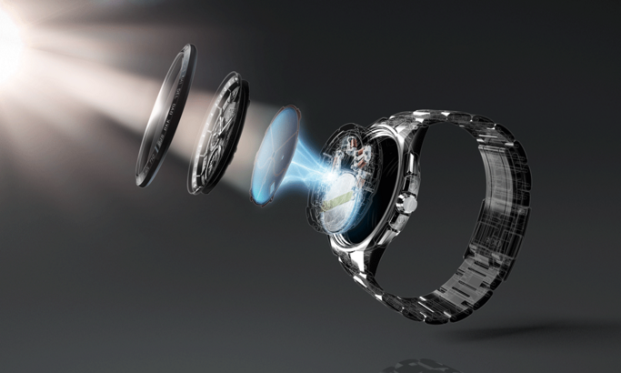 Vue éclatée d'une montre, montrant les composants internes et le design.