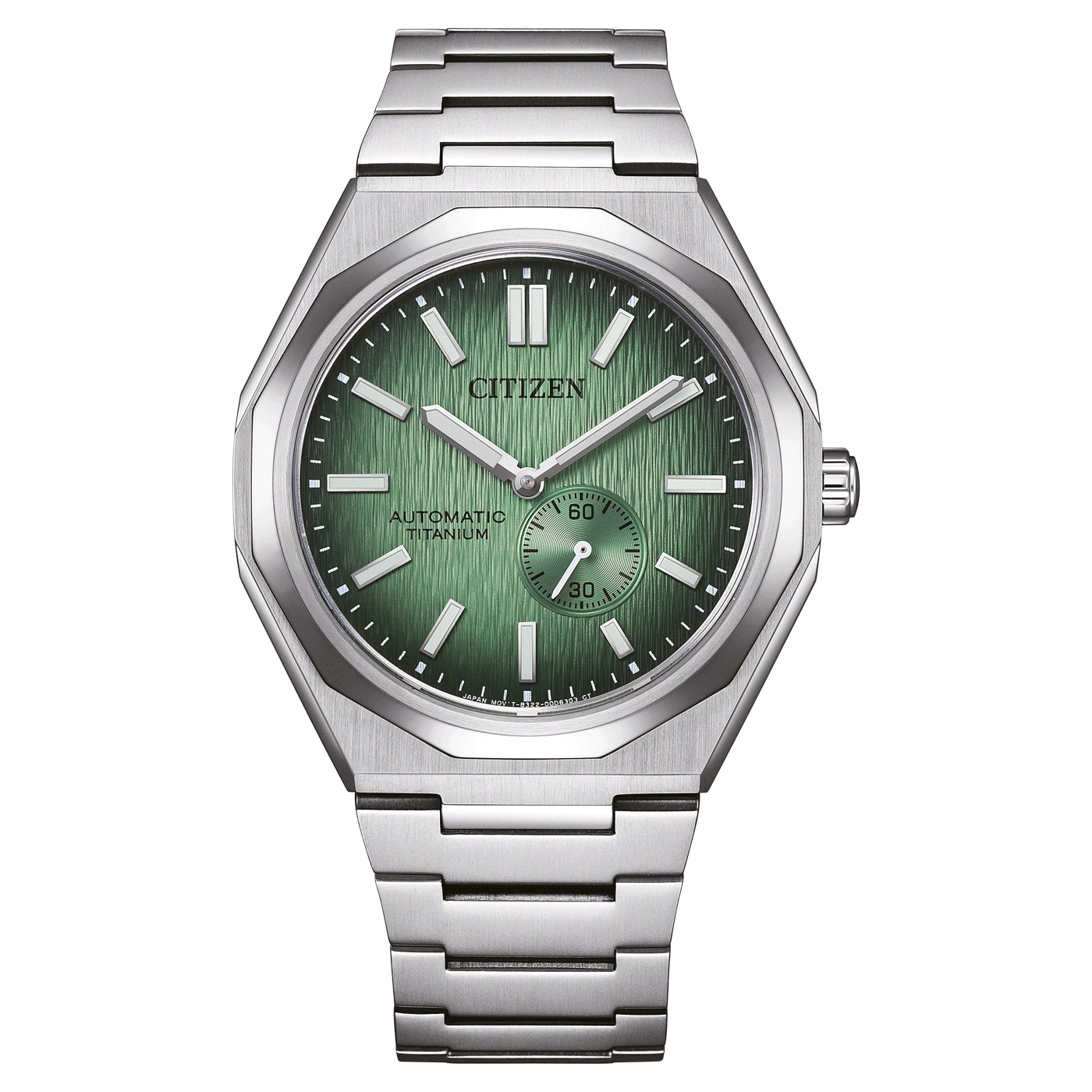 Citizen automatikuhr aus Titan mit grünem Zifferblatt.