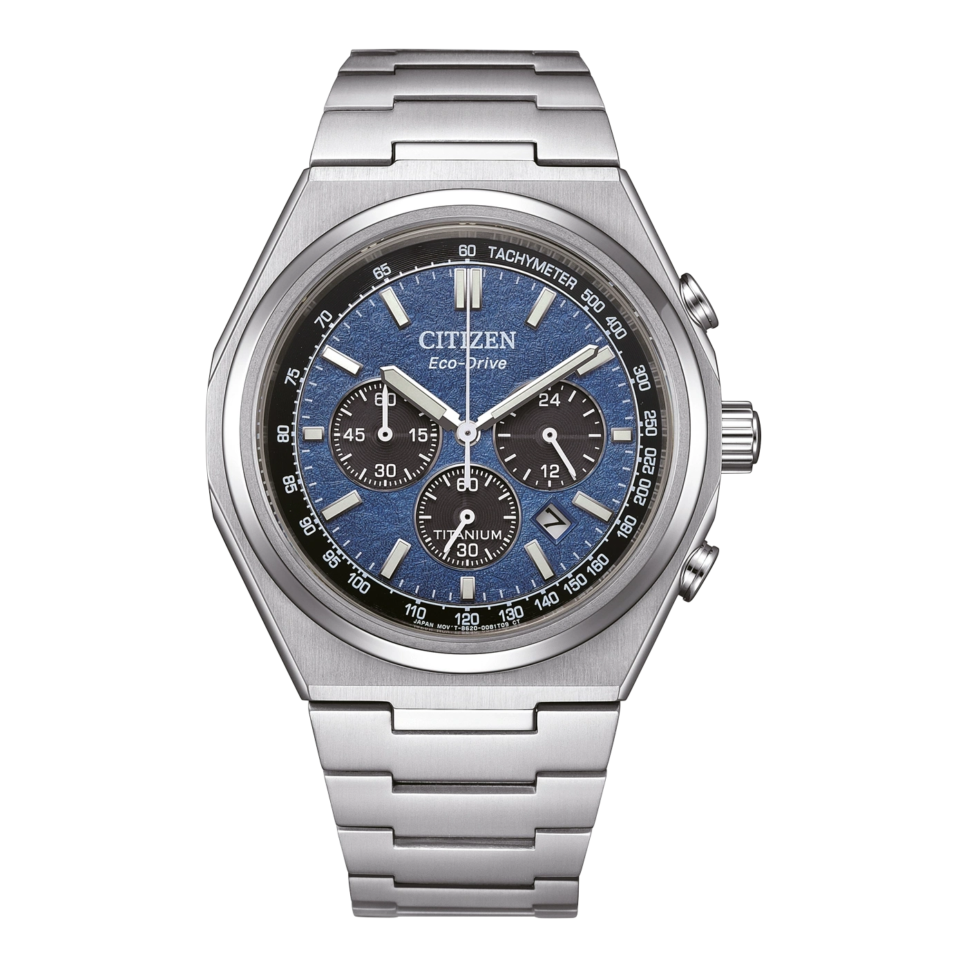 Eine silberne und blaue Citizen Eco-Drive Titan-Armbanduhr.