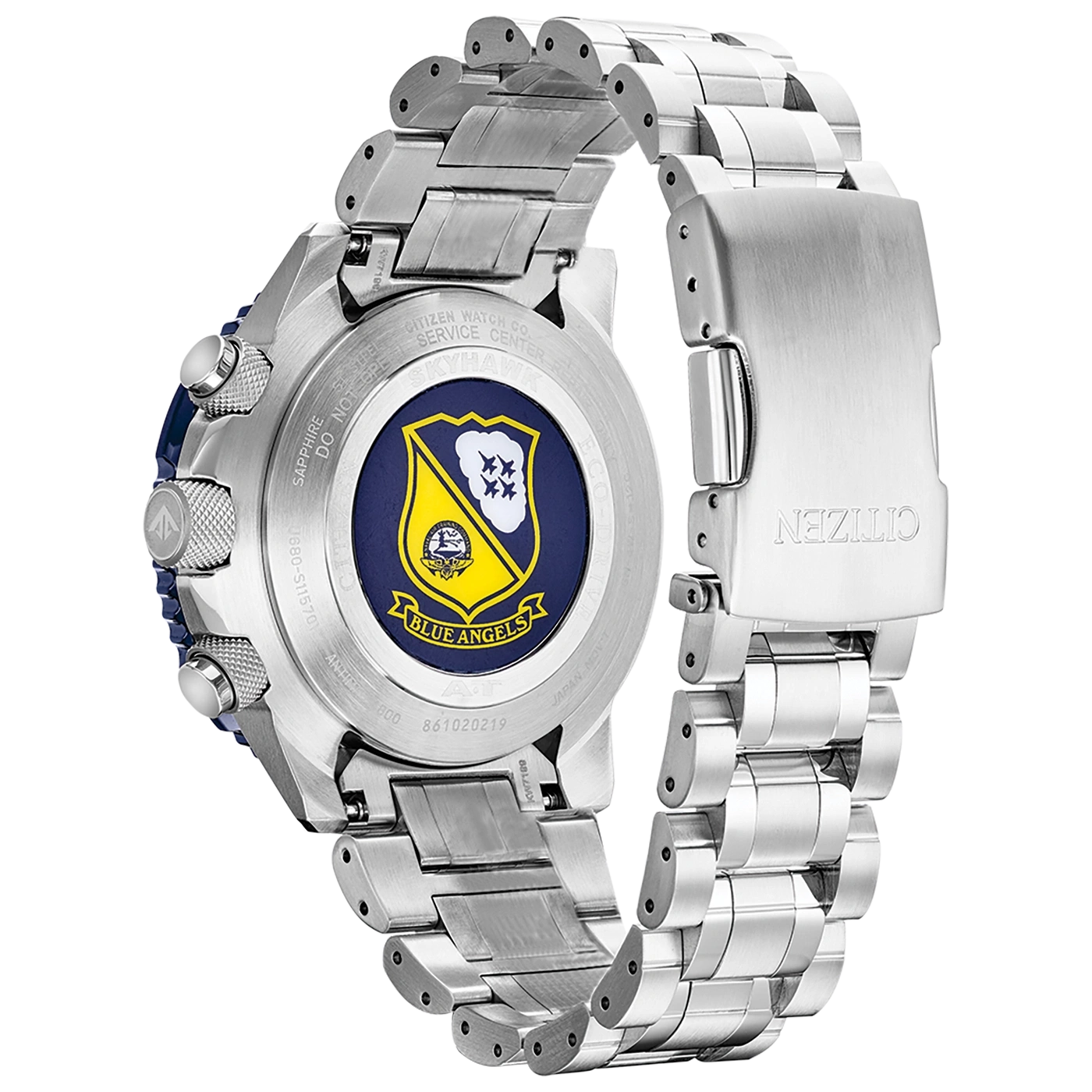 Citizen Blue Angels Uhr mit graviertem Gehäuseboden.