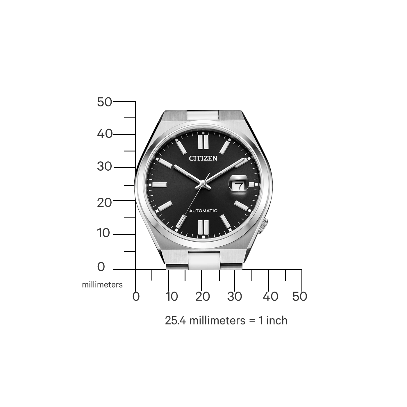 Montre Citizen automatique avec une échelle de mesure en millimètres.