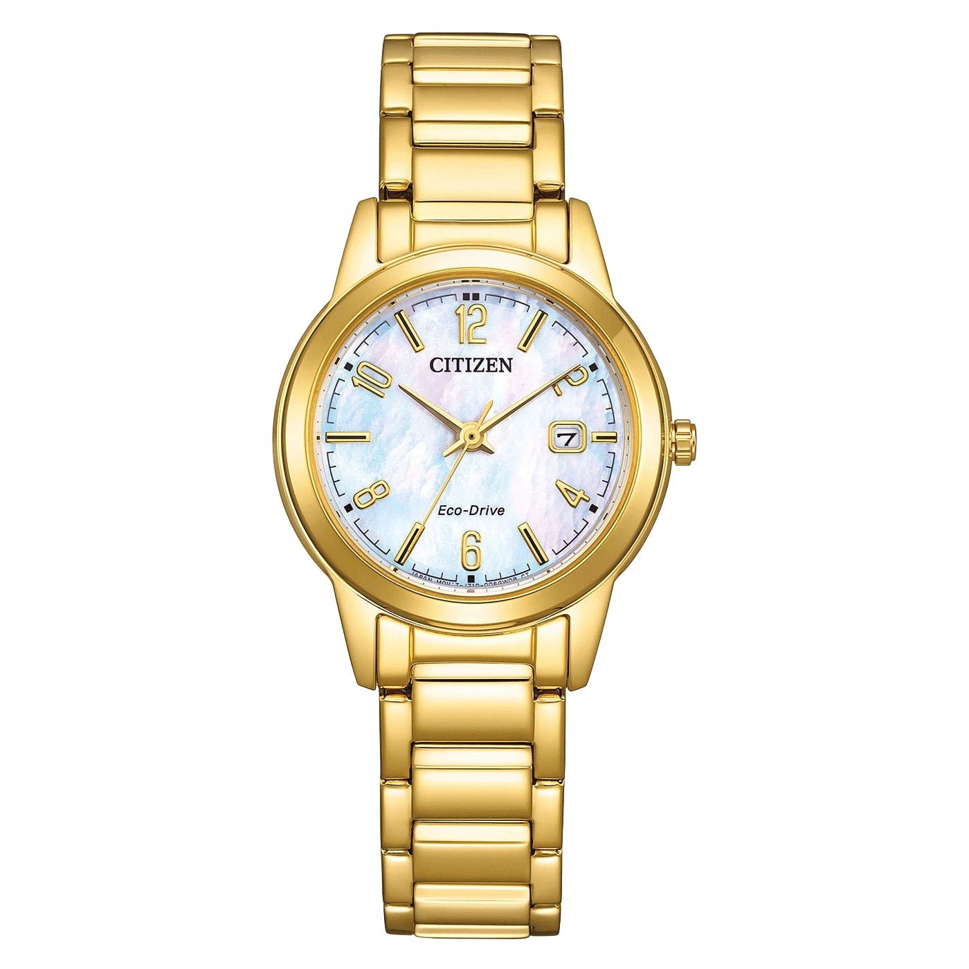 Eine goldene Citizen Eco-Drive Uhr mit Perlmuttzifferblatt.
