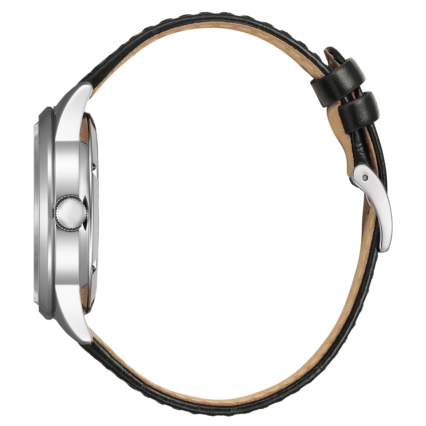 Armbanduhr aus schwarzem Leder, Seitenansicht des Gehäuses und der Krone.