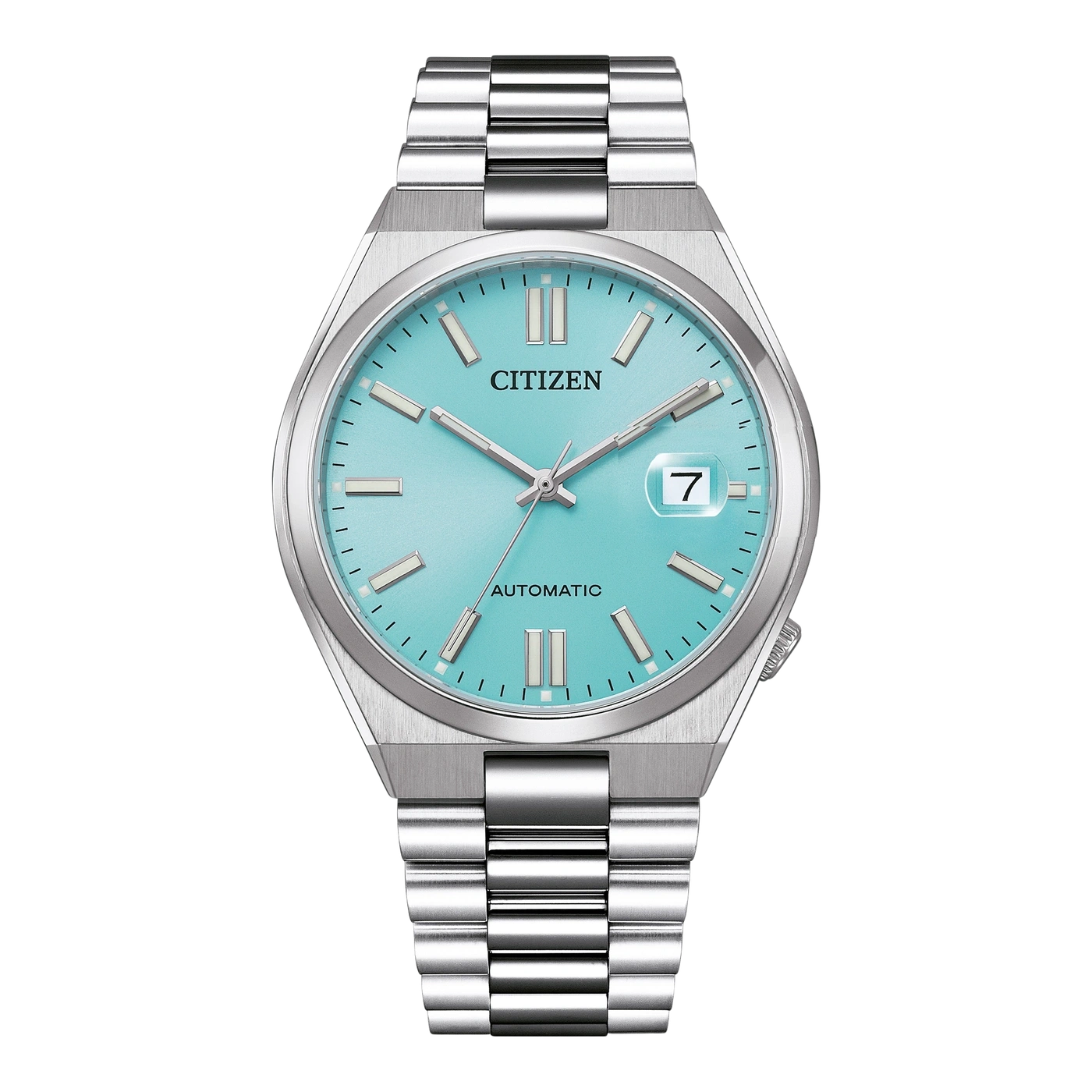 Eine automatische Citizen-Uhr mit blauem Zifferblatt und Silberarmband.