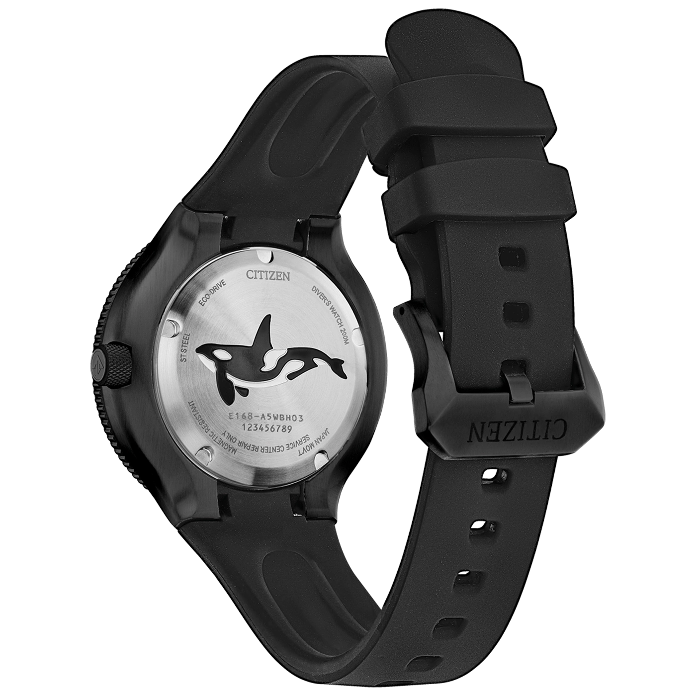 Une vue arrière d'une montre Citizen Eco-Drive noire avec un orque.