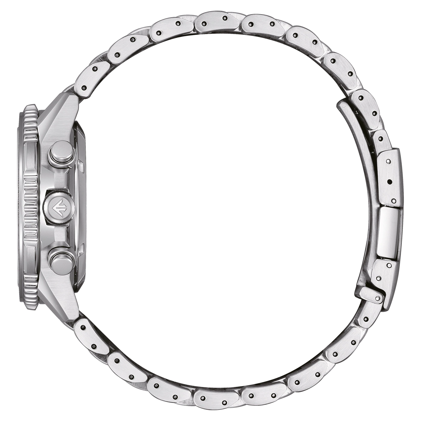 Nahaufnahme einer silbernen Armbanduhr auf weißem Hintergrund.