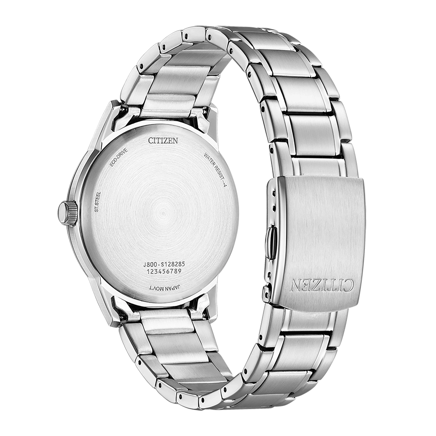Citizen Eco-Drive Uhr aus Edelstahl, Rückansicht mit Armband.