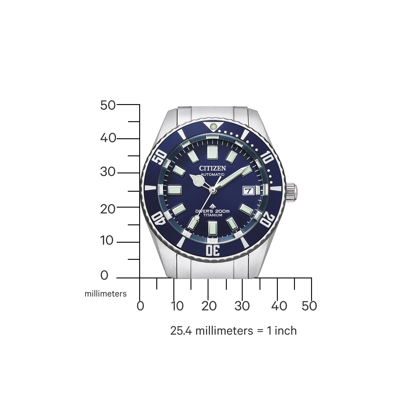 Montre Citizen automatique bleue avec échelle millimétrique.