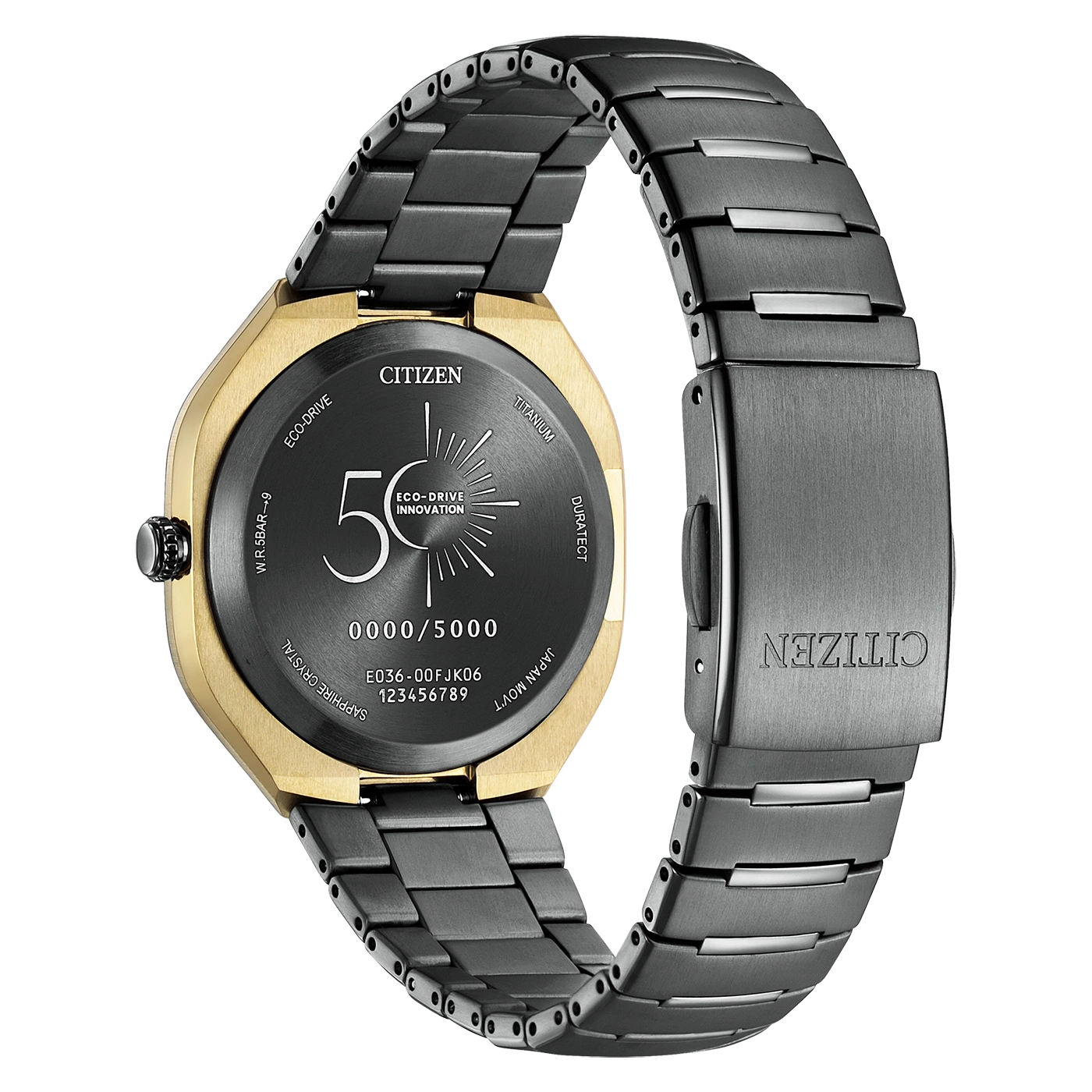 Citizen Eco-Drive Uhr mit Titanarmband und goldenem Gehäuse.