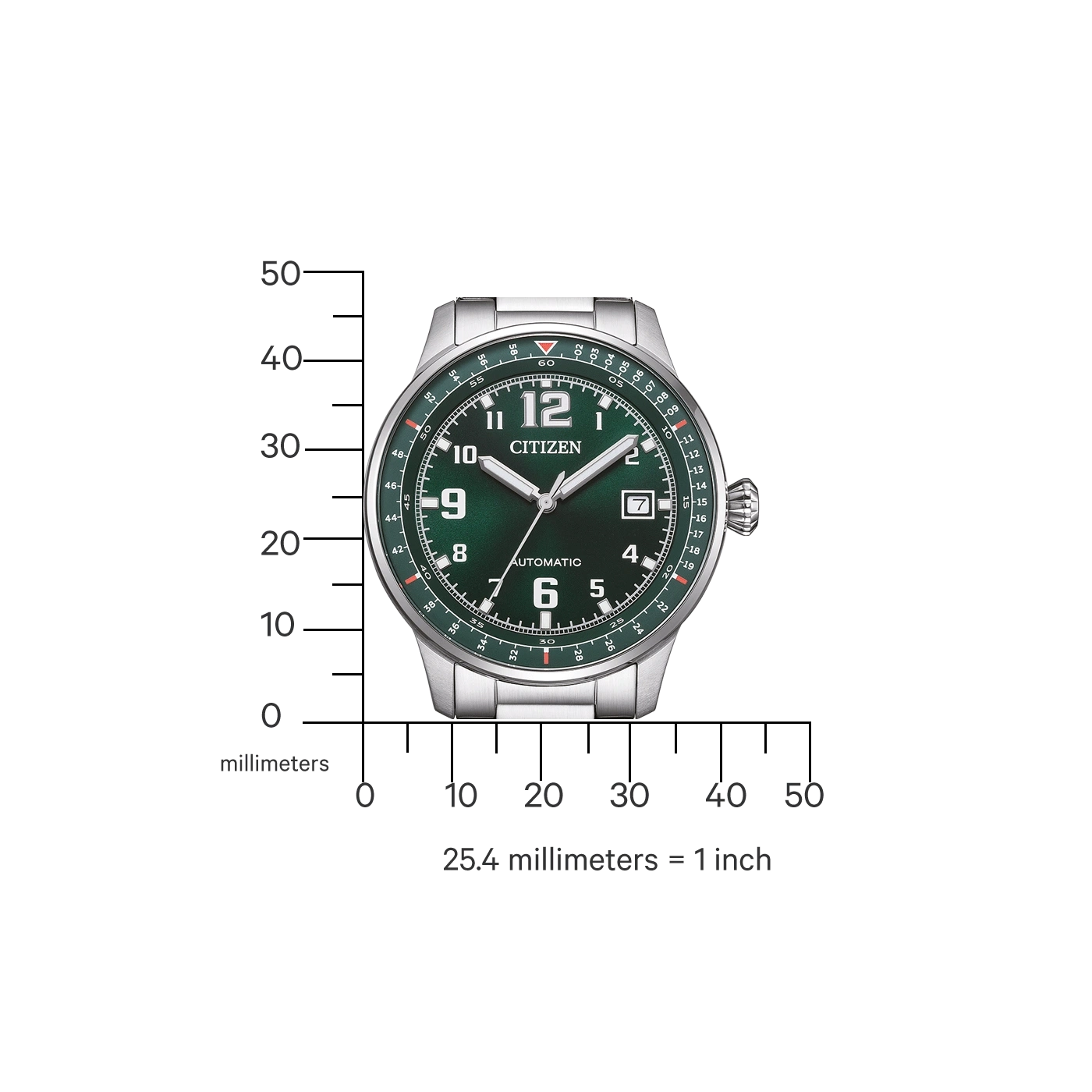 Citizen Herrenuhr mit grünem Zifferblatt, Größenangabe in Millimetern und Zoll.