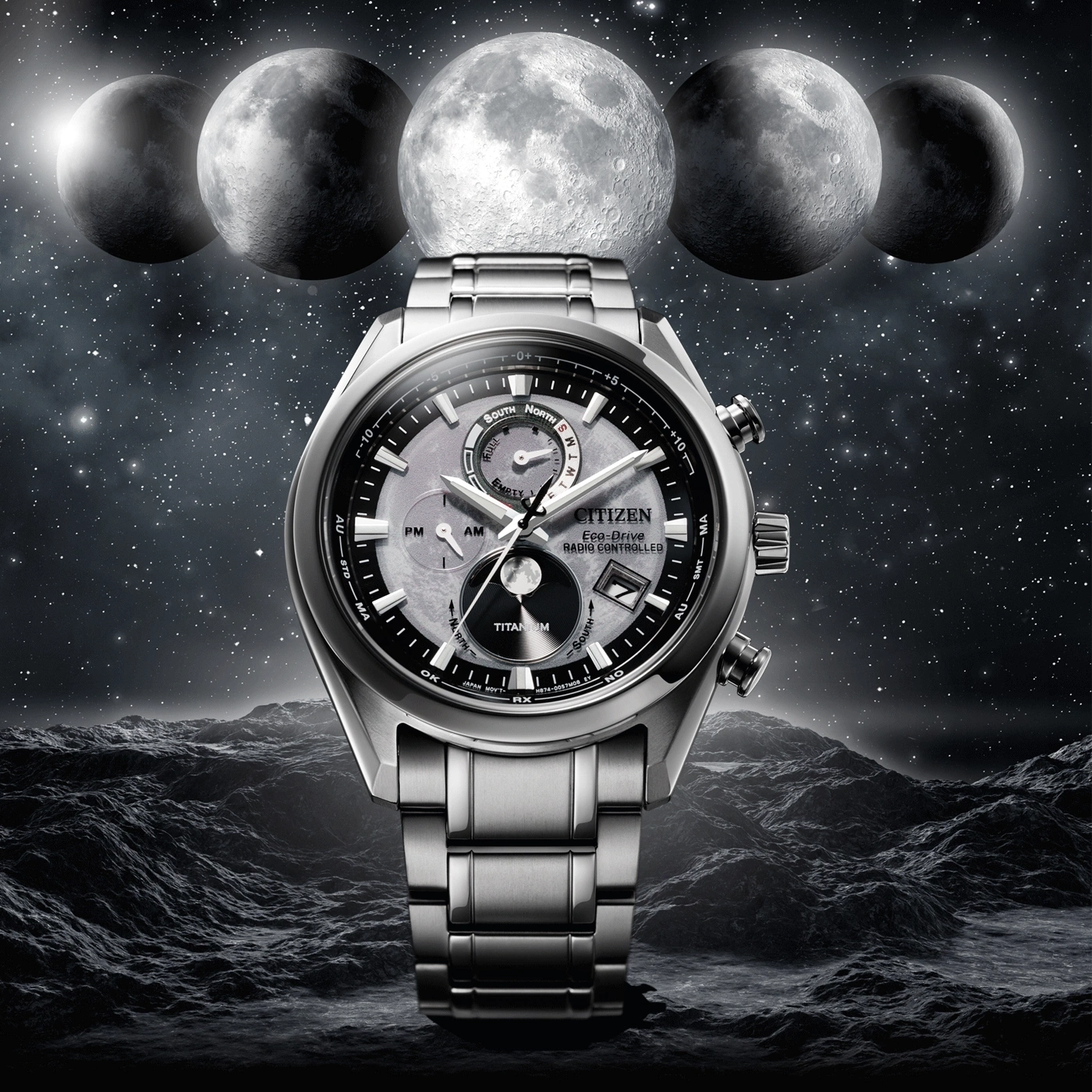Montre Citizen Eco-Drive sur fond de planètes et étoiles.