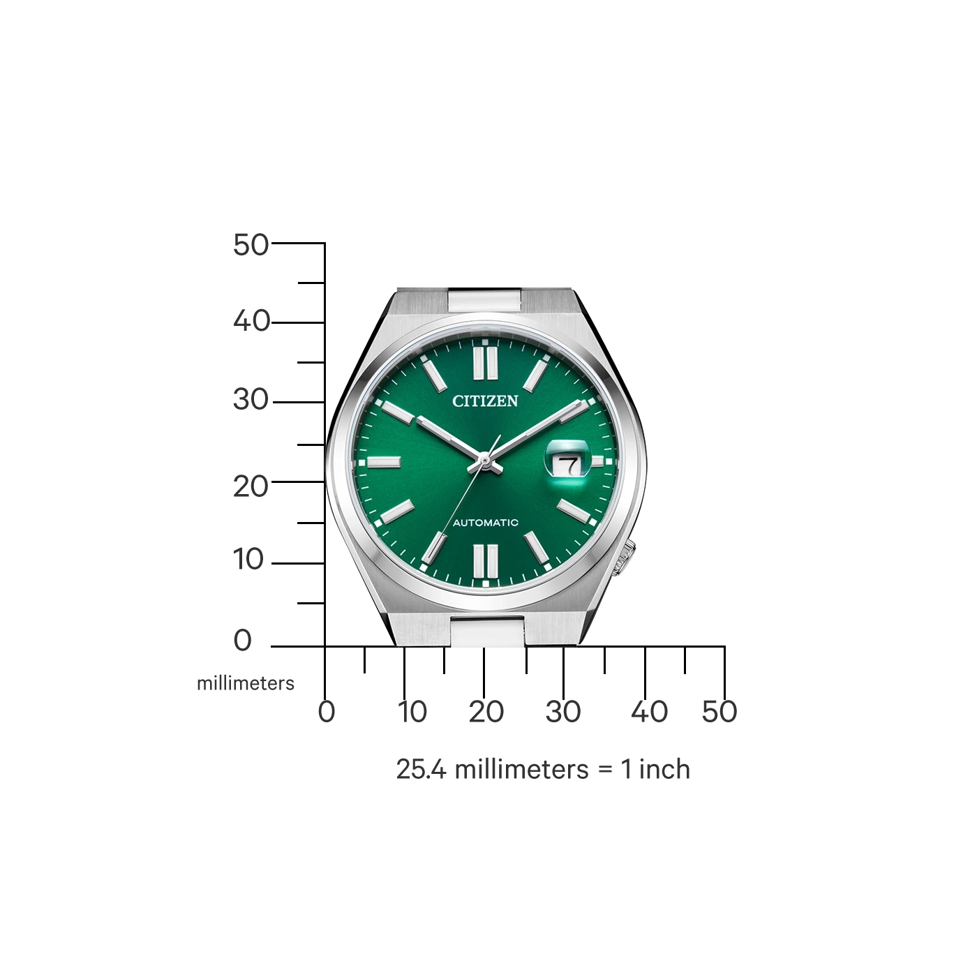 Grüne Citizen-Uhr mit Millimetermaßstab daneben.