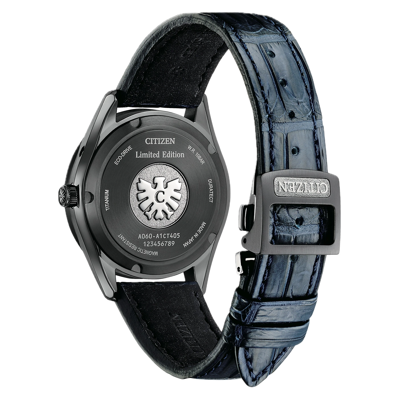 Citizen Titan-Uhr, limitierte Auflage, mit blauem Armband und Citizen-Schließe.