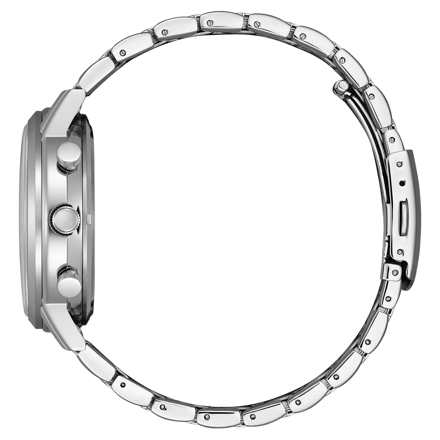 Silbernes Metallarmbanduhr, Seitenansicht auf weißem Hintergrund.