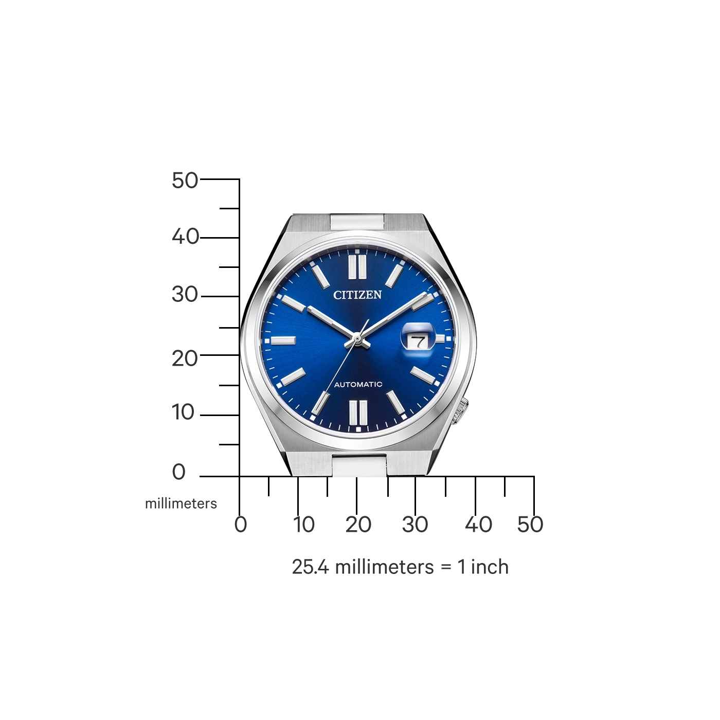 Une montre automatique Citizen bleue avec une règle millimétrée à côté.