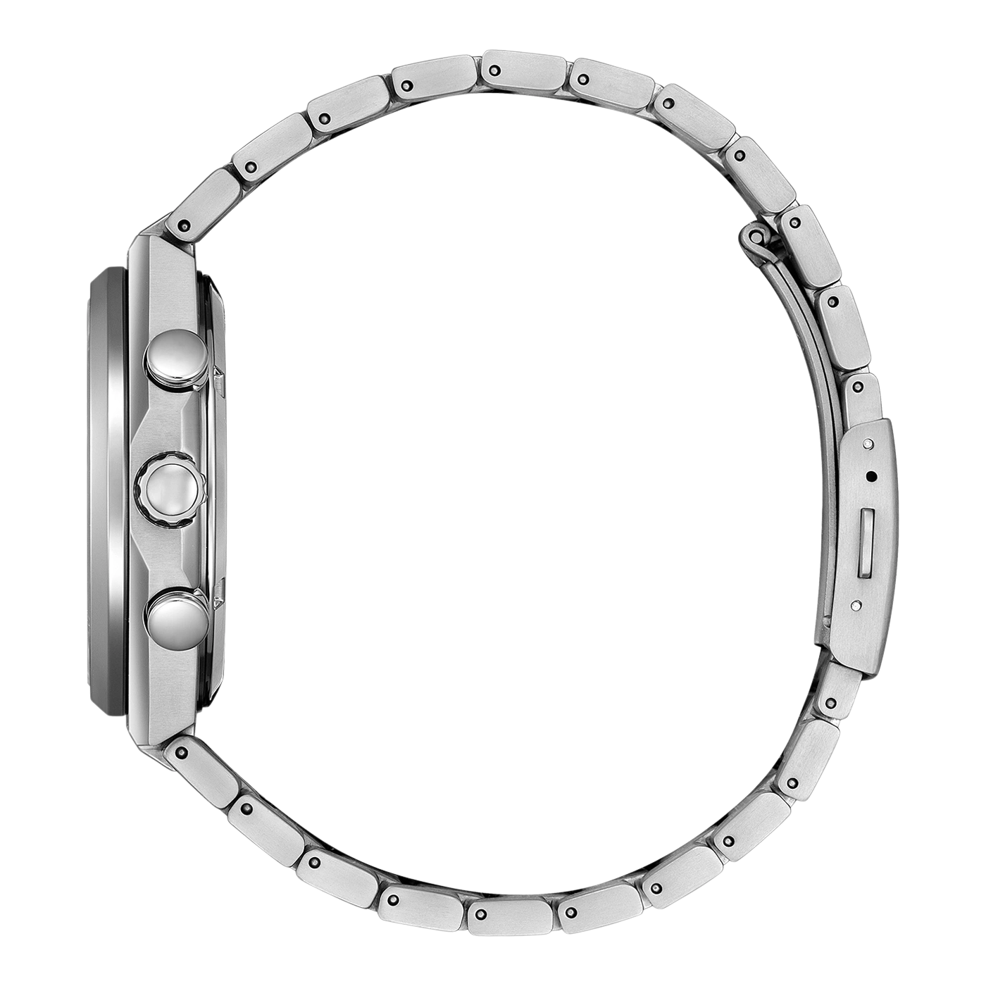 Vue latérale d'une montre bracelet en argent sur fond noir