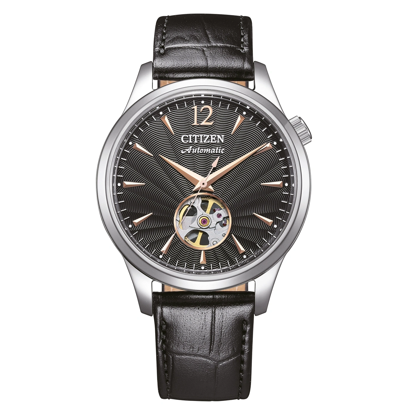 Citizen Automatik Uhr mit schwarzem Lederarmband.