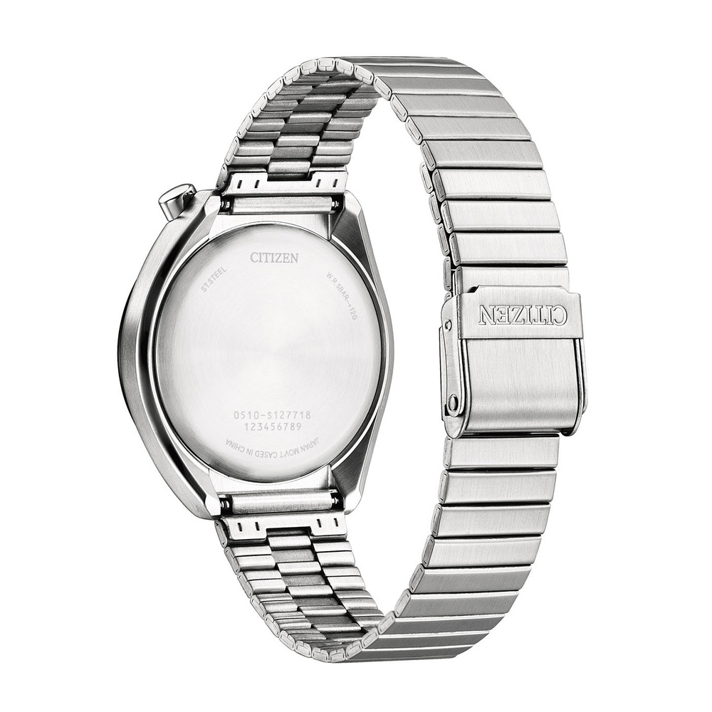 Dos d'une montre Citizen argentée avec bracelet en métal.