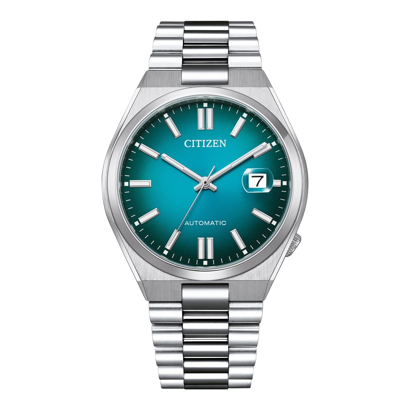 Silberne Citizen Automatik-Uhr mit blaugrünem Zifferblatt und Datumsfenster.