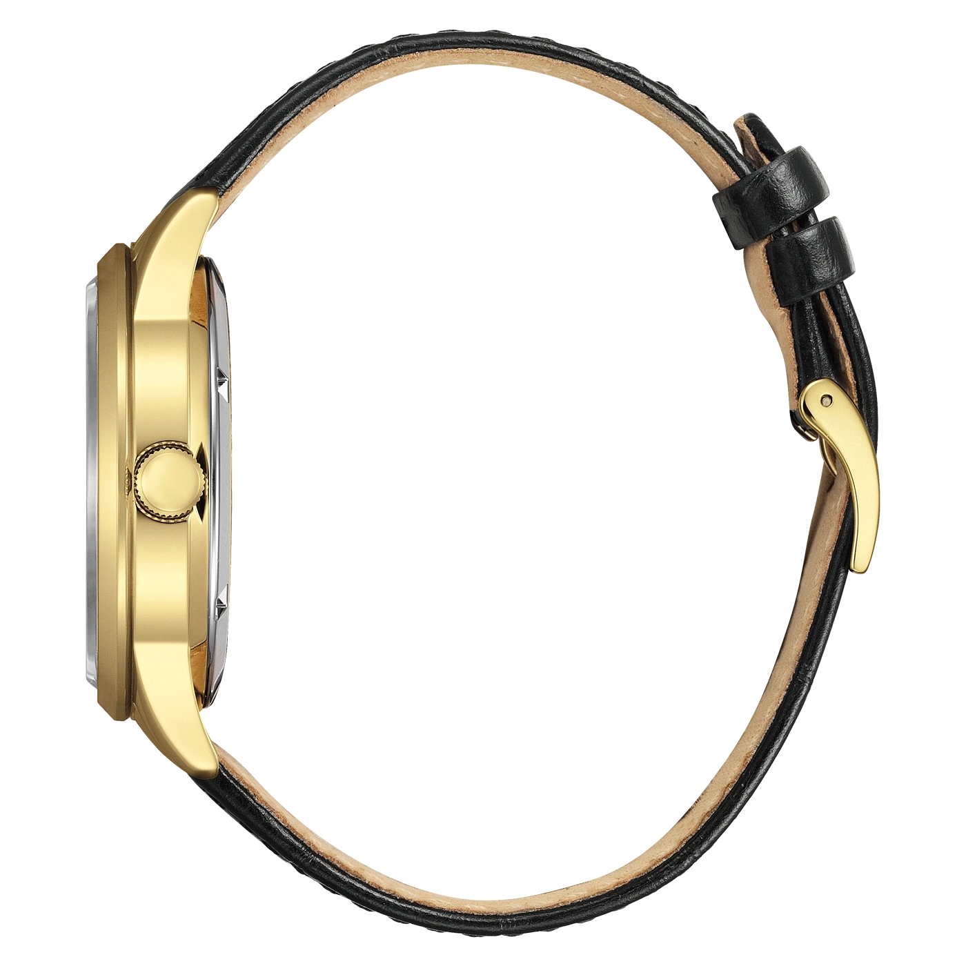 Eine goldene Uhr mit schwarzem Lederarmband von der Seite auf weißem Hintergrund.