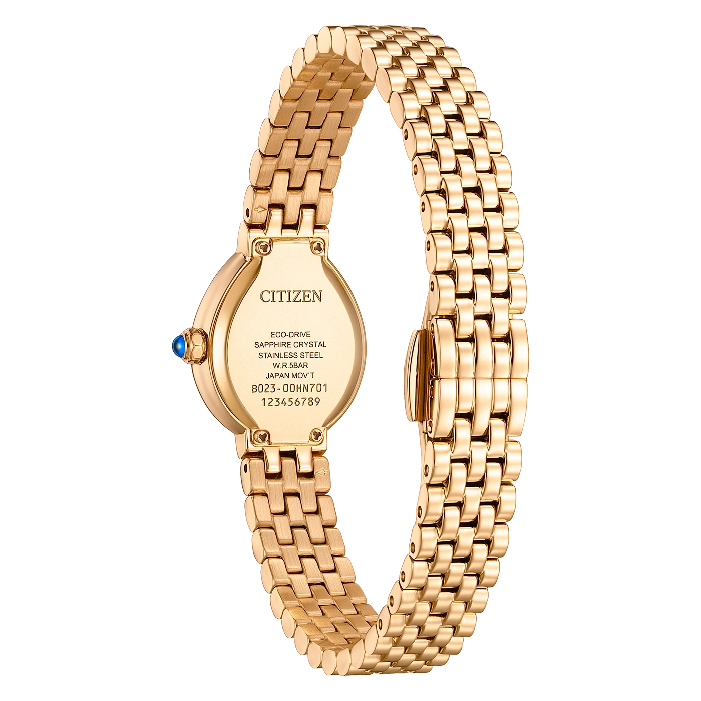 Eine goldene Citizen Eco-Drive Uhr mit Gliederarmband und blauer Krone.