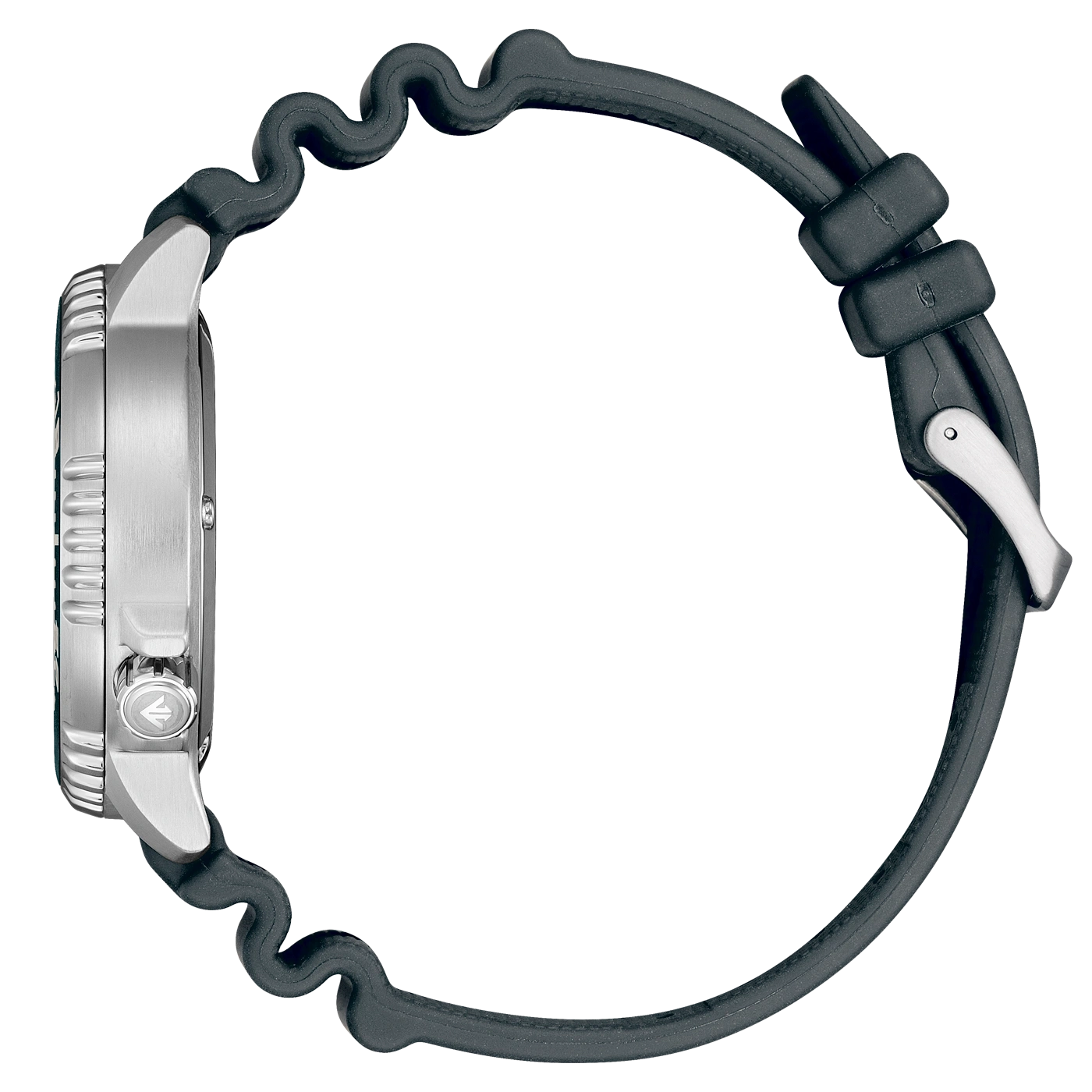 Armbanduhr mit schwarzem Kautschukarmband und Silberschließe.