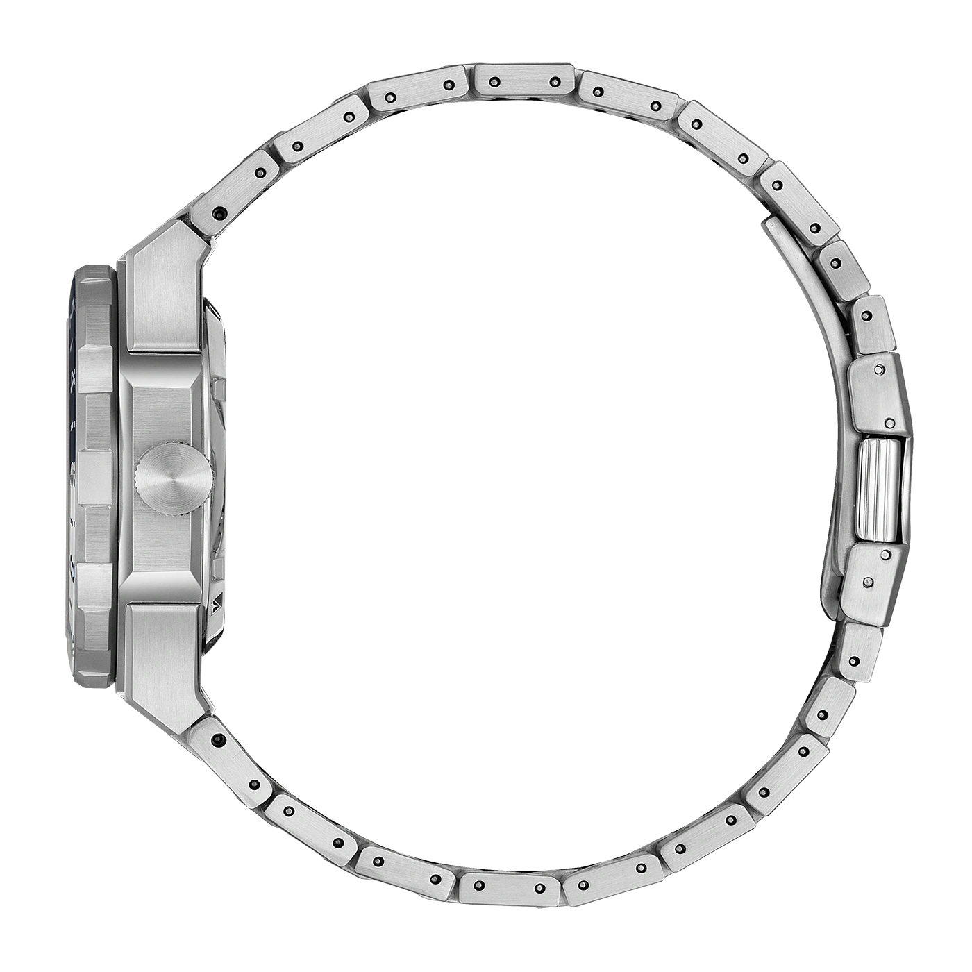 Silberne Armbanduhr mit Metallarmband, Seitenansicht.