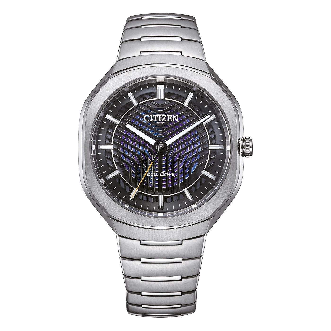 Eine Citizen Eco-Drive Herrenuhr mit futuristischem blau-violettem Zifferblatt