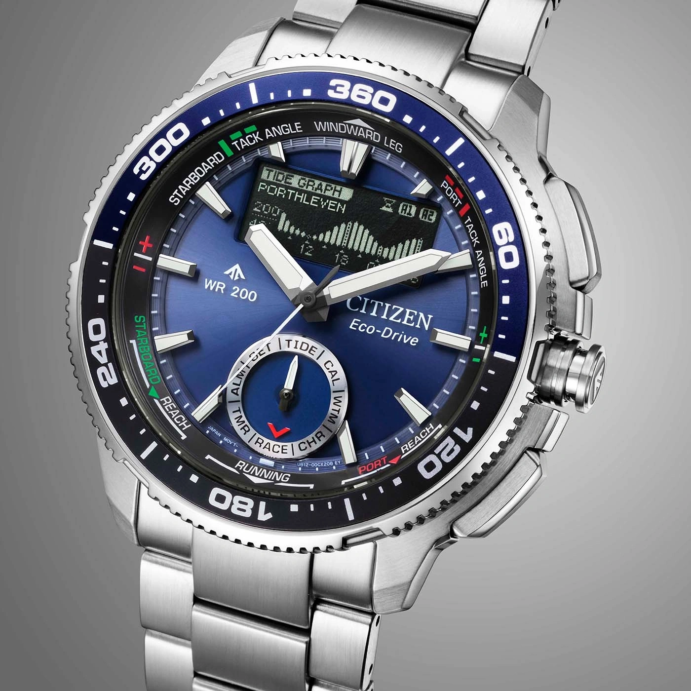 Une montre Citizen Eco-Drive bleue avec un bracelet en acier inoxydable.