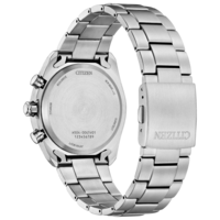 Dos d'une montre Citizen Eco-Drive argentée brossée avec texte.