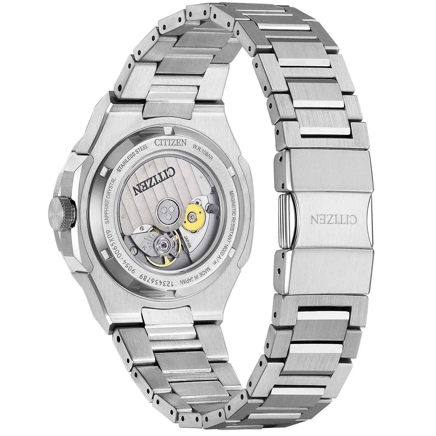 Une montre Citizen avec un fond transparent révélant le mécanisme.