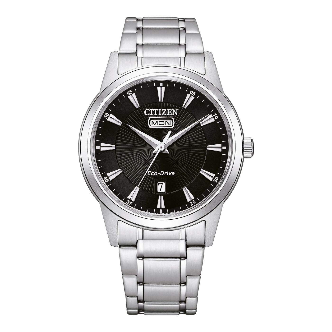 Citizen Eco-Drive Uhr mit schwarzem Zifferblatt und silbernem Armband.