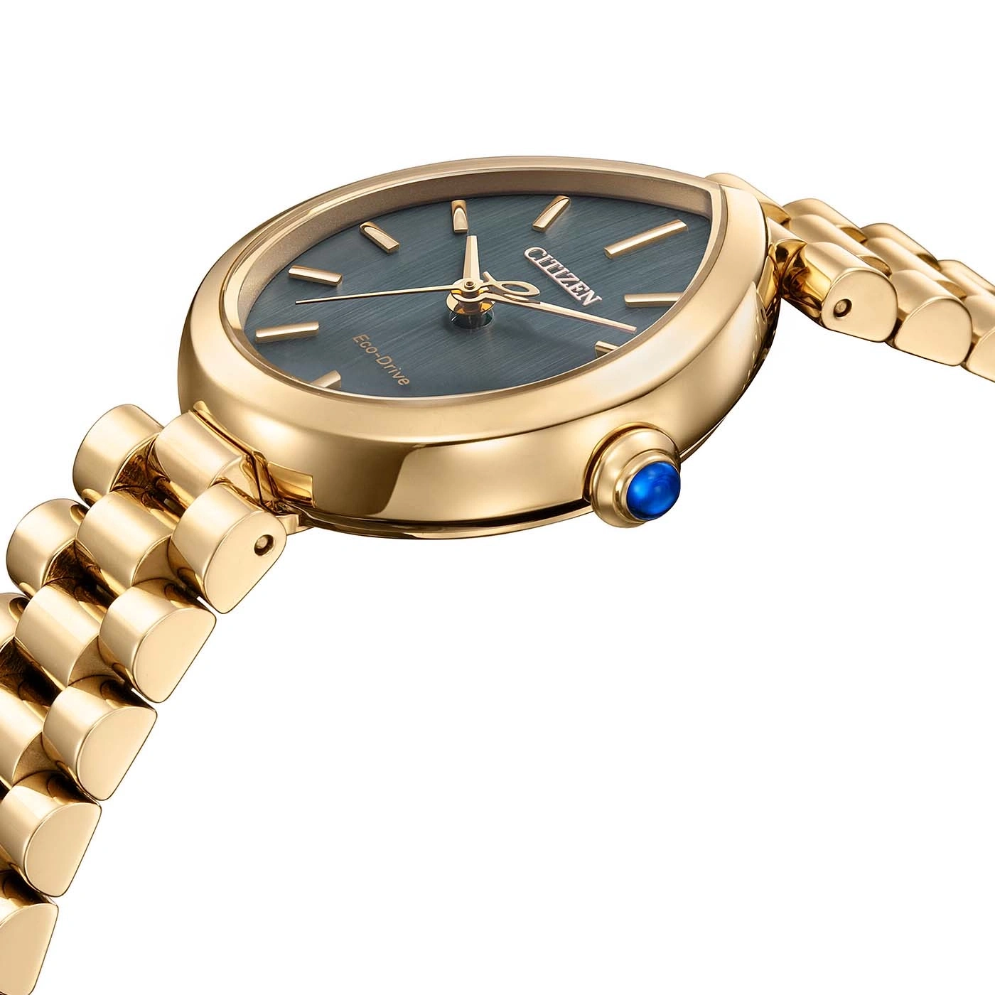 Goldene Citizen Eco-Drive Uhr mit blauem Zifferblatt und Metallarmband.