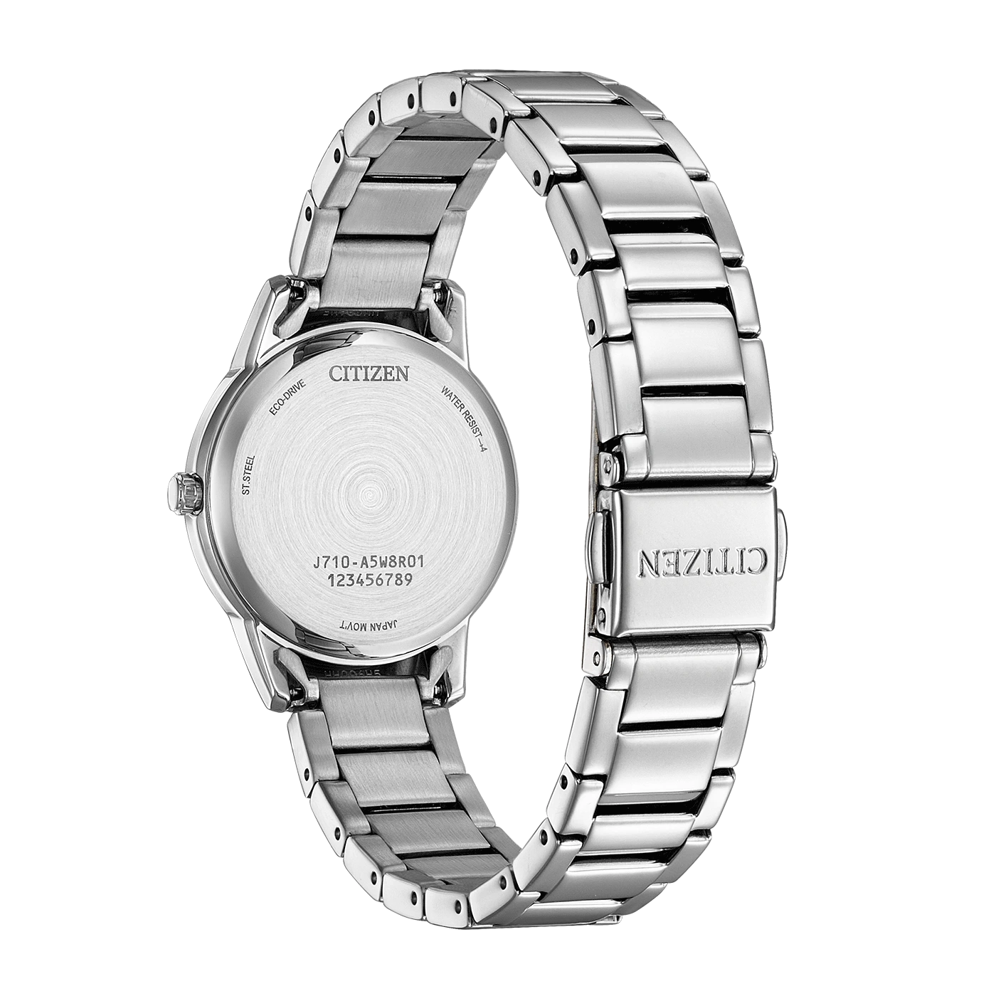 Une montre bracelet Citizen argentée avec un fond de boîte gravé.
