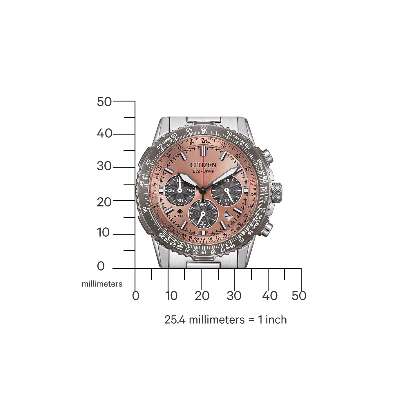 Citizen Eco-Drive Uhr mit Maßstab in Millimetern und Zollumrechnung.